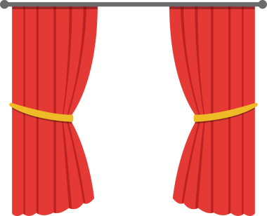 Bir vektör resmi bir çift açık, kırmızı perdeyi gösterir. Her perde bir altın bantla geri çekiliyor. Perdeler gri bir çubuktan siyah bir arka plana sarkıyor..