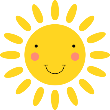 Katı, karanlık bir zemine karşı güneşin canlı, çizgi film tasviri. Güneş pembe yanaklı mutlu bir yüze sahiptir, biraz sıcaklık ve neşe katar..