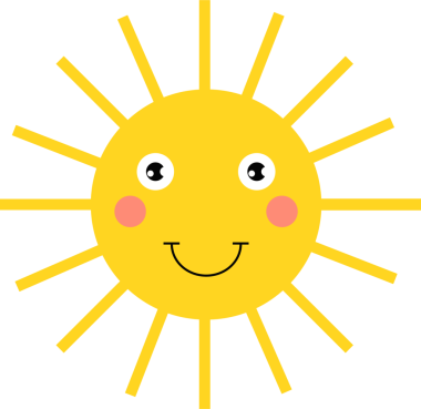 Yüzü parlak ışınlarla süslenmiş, büyük sarı bir daire şeklinde neşeli bir çizgi film çizimi. Gülümseyen bir ifade, pembe yanaklar ve siyah bir arkaplanda şaşı gözler var..