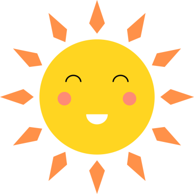 Mutlu yüzlü, hareketli bir güneş karakteri. Güneşin sarı dairesel bir vücudu, beyaz bir gülümsemesi, pembe yanakları ve siyah bir arka plana karşı turuncu elmas şekilli ışınları vardır..