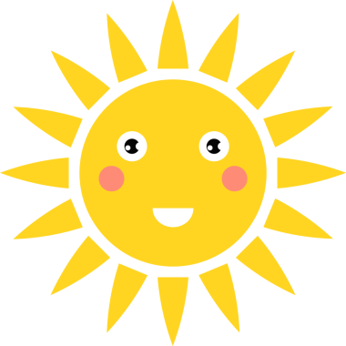 Parlak sarıya boyanmış neşeli bir çizgi film güneşi. Beyaz gözlü, gülümseyen ağızlı ve pembe yanaklı basit, dost canlısı bir yüze sahiptir. Güneş, siyah bir zemin üzerinde izole edilmiş..