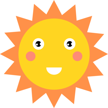 Turuncu, sivri kenarlı parlak sarı bir çizgi film güneşi. Gülümseyen beyaz bir ağzı, yuvarlak gözleri ve siyah bir arkaplanı olan pembe yanakları var..
