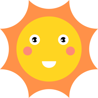 Bu resim, siyah bir arkaplanda dostane bir yüz, pembe yanaklar ve parlak turuncu ışınlar ile betimlenmiş güneşin hoş bir çizgi filmini gösteriyor. Genel tasarım basit ve neşeli..