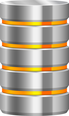 Veritabanı sunucusuna benzeyen üç boyutlu bir metalik silindir oluşturma. Gümüş renginde, her biri veri hacmini temsil eden dört turuncu şeridi var..