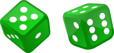 İki yeşil çizgi film zarı siyah bir arkaplanda izole edilir. Bir zarda beş, diğerinde altı nokta var. Parıldıyorlar ve yeni gibi görünüyorlar..