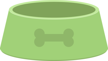 Açık yeşil, çizgi film stili bir evcil hayvan kasesi. Vücudunda ince kemik şeklinde bir iz var. Kase boş, kuru ya da ıslak yiyeceklerle doldurulmaya hazır..