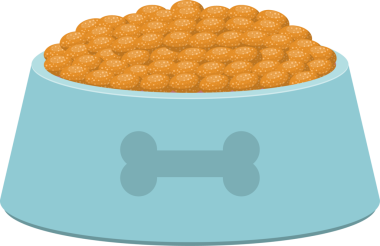 Bu resimde, içi kuru hayvan mamasıyla dolu mavi bir evcil hayvan kasesi tasvir ediliyor. Kase stilize bir kemik tasarımı içerir ve hayvan beslemek için tasarlanmıştır..