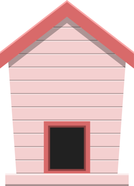 Görüntü, siyah arka planda açık pembe bir köpek kulübesi gösteriyor, yatay kalaslar, kırmızı bir çatı ve kare bir giriş, minimalist ve temiz bir tasarım yaratıyor..