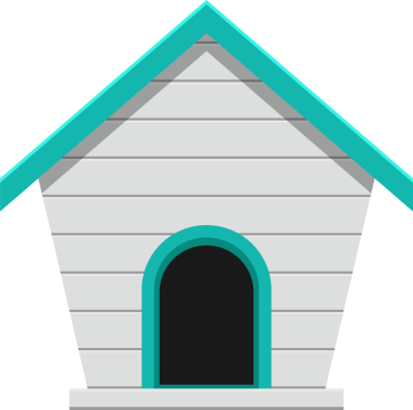 Bu basit bir köpek kulübesinin çizgi film tarzı görüntüsü. Beyaz bir gövde ve siyah bir arka planda sunulan koyu gri bir iç döşeme, bir deniz mavisi çatı ve süsleme içerir..