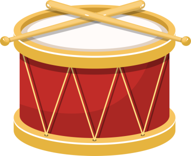 Bu resim, üzerinde altın jantlar ve çapraz bagetler bulunan çizgi film tarzı kırmızı bir davulu tasvir ediyor. Geleneksel ritim ve müziği çağrıştırıyor..