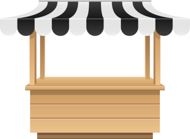 Bu, çizgili siyah beyaz tenteli insansız bir market tezgahının dijital bir çizimi. Ahşap bir tezgahı, çerçevesi ve tabanı var..