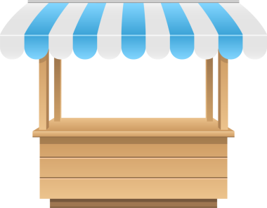 Bu resim, açık kahverengi, beyaz ve mavi çizgili tenteli bir ahşap yapının yer aldığı basit bir pazar duruşu sergiliyor. Ürünleri sergilemek için mükemmel..