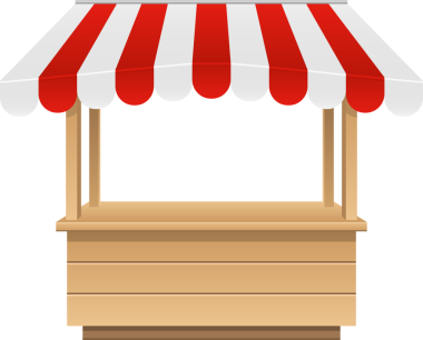 Boş bir market tezgahının tasviri. Kabinin kırmızı ve beyaz çizgili bir gölgeliği, ahşap bir tezgahı ve ahşap destek kirişleri vardır. Kabin siyah bir arkaplanda izole edilmiştir..