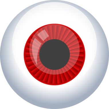 Beyaz sklera 'lı, tek ve izole bir göz manzaraya hakim olur. Canlı bir kırmızı iris, merkezi siyah bir gözbebeğini sarar ve görsel kontrast yaratır. Parlak yüzey bir illüstrasyon olduğunu gösteriyor..