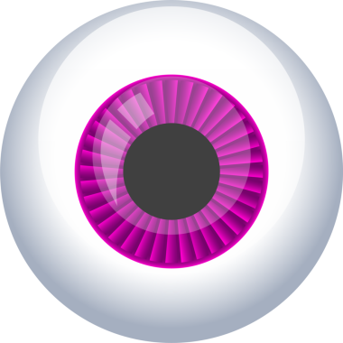 Bu resim parlak beyaz sclera ile detaylı bir çizgi film gözü içerir. Göz, radyal çizgileri olan canlı bir mordur ve göz bebeği koyu gri bir dairedir..