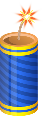 Çizgi film fişeği tasviri. Fişeklerin silindirik bir şekli var. Mavi ve sarı çizgileri, kahverengi bluzu ve çiçek şeklinde bir patlamaya yol açan kahverengi fünyesi var..