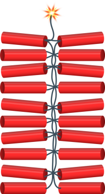 Resimli kırmızı dinamit destesi, siyah arka planda yanan bir fitil, yüksek riskli bir senaryoda patlayıcı tehlikesinin karikatürsel bir örneğini oluşturuyor..