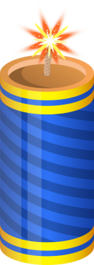 Silindirik gövdesini çevreleyen mavi ve sarı çizgileri gösteren bir havai fişek gösterisi. Tepede bir ışık patlaması ve kıvılcımlar püskürüyor..