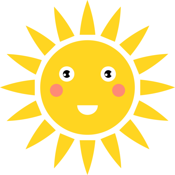 Parlak sarıya boyanmış neşeli bir çizgi film güneşi. Beyaz gözlü, gülümseyen ağızlı ve pembe yanaklı basit, dost canlısı bir yüze sahiptir. Güneş, siyah bir zemin üzerinde izole edilmiş..