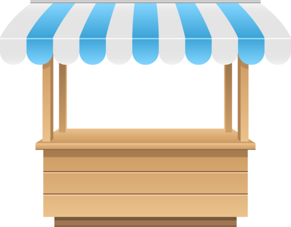 Bu resim, açık kahverengi, beyaz ve mavi çizgili tenteli bir ahşap yapının yer aldığı basit bir pazar duruşu sergiliyor. Ürünleri sergilemek için mükemmel..