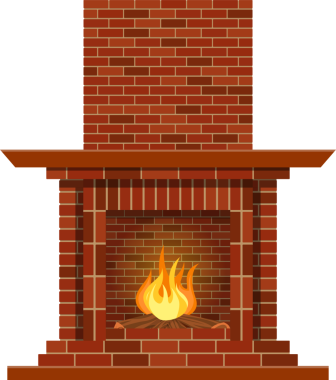 Klasik bir tuğla şömine dizaynı gösteriliyor, şöminenin içinde parlak bir ateş yanıyor. Çevredeki tuğla işi kırsal, ev ortamını daha da güzelleştiriyor. Görsel stil, tarz gibi kalın çizgi film kullanır..