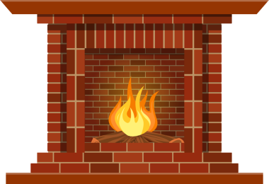 Çıtır çıtır yanan bir şömine sergileniyor. Şömine kırmızı tuğlalarla inşa edilir ve yanan kütükler ve parlak alevler içerir, sıcaklık yaratır..