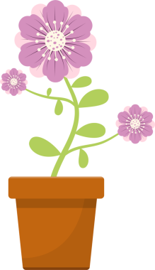 Çizgi film tarzı bir resimde mor çiçekli, yeşil yapraklı ve kahverengi tencereli bir saksı bulunur. Görüntü basit ve neşeli bir hissi çağrıştırıyor..