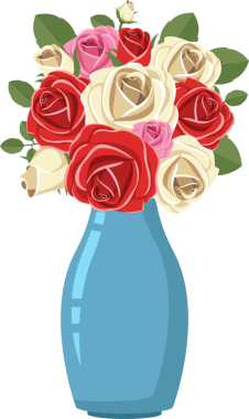 Yeşillik yapraklı kırmızı, pembe ve beyaz gül çeşitleri açık mavi bir vazoyu doldurarak büyüleyici ve görsel olarak memnun edici bir çiçek aranjmanı oluşturur. Sahne basit..