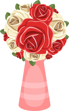 Canlı ve hoş bir illüstrasyon sergisi pembe bir vazoda sanatsal olarak dizilmiş bir buket kırmızı ve beyaz gül. Arkaplan simsiyah. Dekorasyon için ideal.