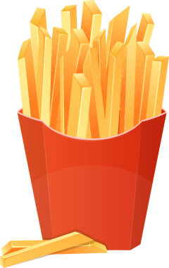 Patates kızartmasının stilize vektör sanatı. Altın sarısı patatesler kırmızı bir konteynırdan dolup dökülüyor. İki patates kızartması yüzeyde dinleniyor. Vektör sanatı illüstrasyonu.