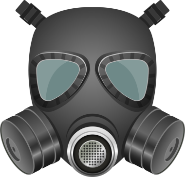 Dijital bir illüstrasyonda koyu gri bir gaz maskesi görülüyor. Maskede net göz parçaları, kenarlarda filtreler ve merkezi bir solunum cihazı var. Korunmak için tasarlandı..