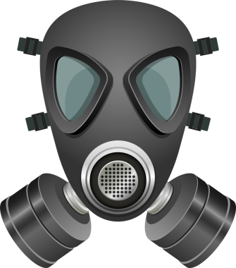 Bu, siyah, tam yüz solunum maskesi tasvir eden bir grafik çizimi. Her iki tarafında da çift filtre kutuları ve koyu siyah arka planda renkli göz kapakları var..