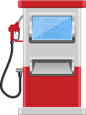 Siyah bir zemin üzerinde stilize kırmızı ve beyaz bir yakıt dağıtıcısı, bir nozül, hortum, dijital ekran ve bir dolum istasyonunda işlemler için bir yuvası.