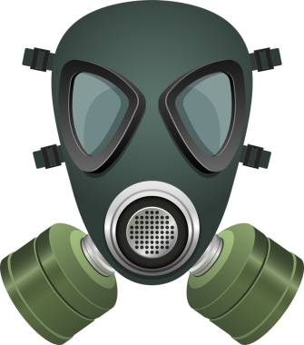 Renkli göz lensleri, merkezi dairesel filtre ve kenarlarında silindirik yeşil kaplar olan koyu zeytin yeşil gaz maskesinin ön yüzü. Güvenlik kavramı..