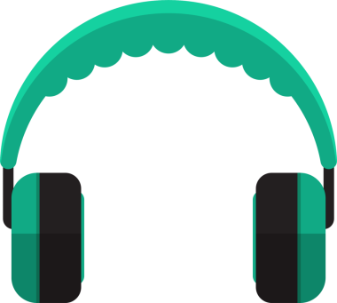 Bu resim kulaklıkların stilize edilmiş bir illüstrasyonunu gösteriyor. Kulaklıklarda turkuaz bir bant ve çarpıcı siyah aksanlı kulaklıklar var. Görüntü minimalist..