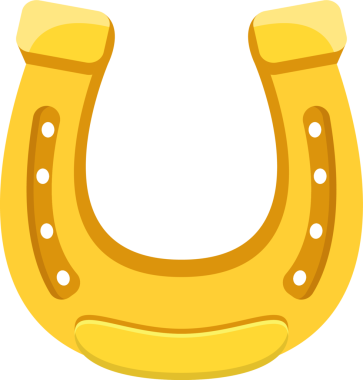 Parlak, sarı bir at nalı düz siyah bir arka planda sunuluyor. At nalı çivi deliklerini gösteriyor, şans, koruma ve iyi şansı simgeliyor..