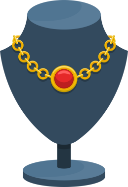 Bu, üzerinde büyük kırmızı bir mücevher bulunan ve derin mavi bir mücevher standında sergilenen bir altın kolye çizimi..