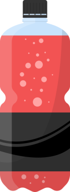 Bir dijital illüstrasyonda kırmızı karbonatlı sıvıyla dolu şeffaf bir plastik şişe sergilenmektedir. Siyah bir etiket şişenin tabanını sarıyor..