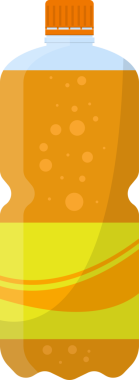 Temiz bir şişede portakal suyu. İçkinin her tarafında hava kabarcıkları var. Şişenin alt kısmında sarı bir etiket var..