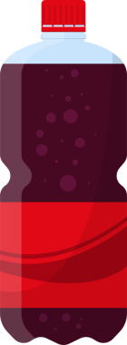 Kırmızı köpüklü, köpüklü, köpüklü bir içecekle dolu ferahlatıcı bir plastik şişe. Baloncuklar şişenin içinde görünür ve kırmızı bir bant etrafını sarar..