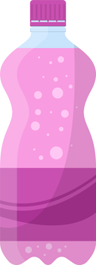 Tarzlı bir illüstrasyonda baloncuklarla dolu bir şişe pembe soda yer alır. Şişenin mor bir kapağı ve değişik pembeler var. Bu da çekici bir görüntü sağlıyor..