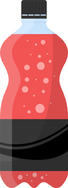 Kırmızı, şişelenmiş bir içecek, siyah bir kapakla kaplanmış, kabarcıklı ve köpüklü görünür, siyah bir taban şişeyi süsler, tatlı bir içeceğin göstergesidir..