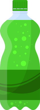 Canlı, eğlenceli bir illüstrasyon. Temiz plastik bir şişenin içinde yeşil bir içecek sergiliyor. Kabarcıklar, yeşil bir başlık ve parlak, kıvrımlı bir tasarım..