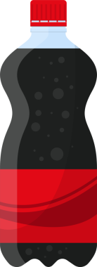 Şekillendirilmiş soda şişesinin vektör çizimi. Şişe koyu köpüklü bir içecekle dolu ve şeffaf bir vücutta kırmızı bir kapak ve etiket var..