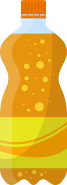 İçinde turuncu sıvı bulunan bir şişenin izole bir çizimi. İçki köpüklü ve turuncu şapkalı gibi görünüyor. Renk şeması sarı ve turuncudan oluşur.