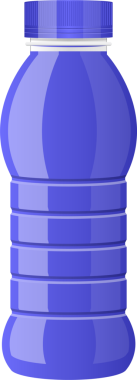 Mor plastik bir şişenin karikatür tarzı bir temsili. Kaburgalı bir gövde ve vida kaplı bir kapak içeriyor. Katı siyah bir arkaplan üzerine kurulu. Şişe boş..