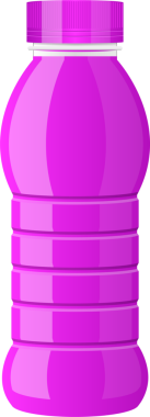 Siyah bir arka planda izole edilmiş pembe plastik bir şişe tasviri. Şişede tırtıklı bir tasarım var ve vida kapağıyla kapatılmış. Tasarım basit ve renklidir..