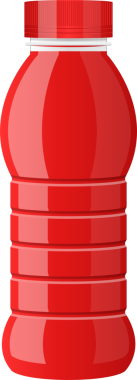 Kaburgalı dizaynlı kırmızı plastik bir şişe. Şişe kırmızı bir kapak içeriyor ve koyu siyah bir zemin üzerine kurulmuş. Temiz ve basit görünüyor..