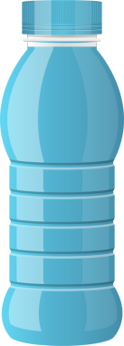 Dijital olarak çizilmiş açık mavi plastik bir şişe. Orta ve eşleşen bir kapağı var. Katı siyah bir zemin üzerine kurulmuş. Suyu tutmak için kullanılabilir..