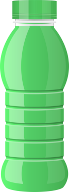 Siyah bir arkaplandaki resimde açık yeşil bir plastik şişe görülüyor. Şişe yuvarlak ve vida kapağı var. İçkileri veya temizlik malzemelerini tutmak için tasarlandı..